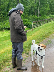 Bucky and Ashim on a rainy day walk